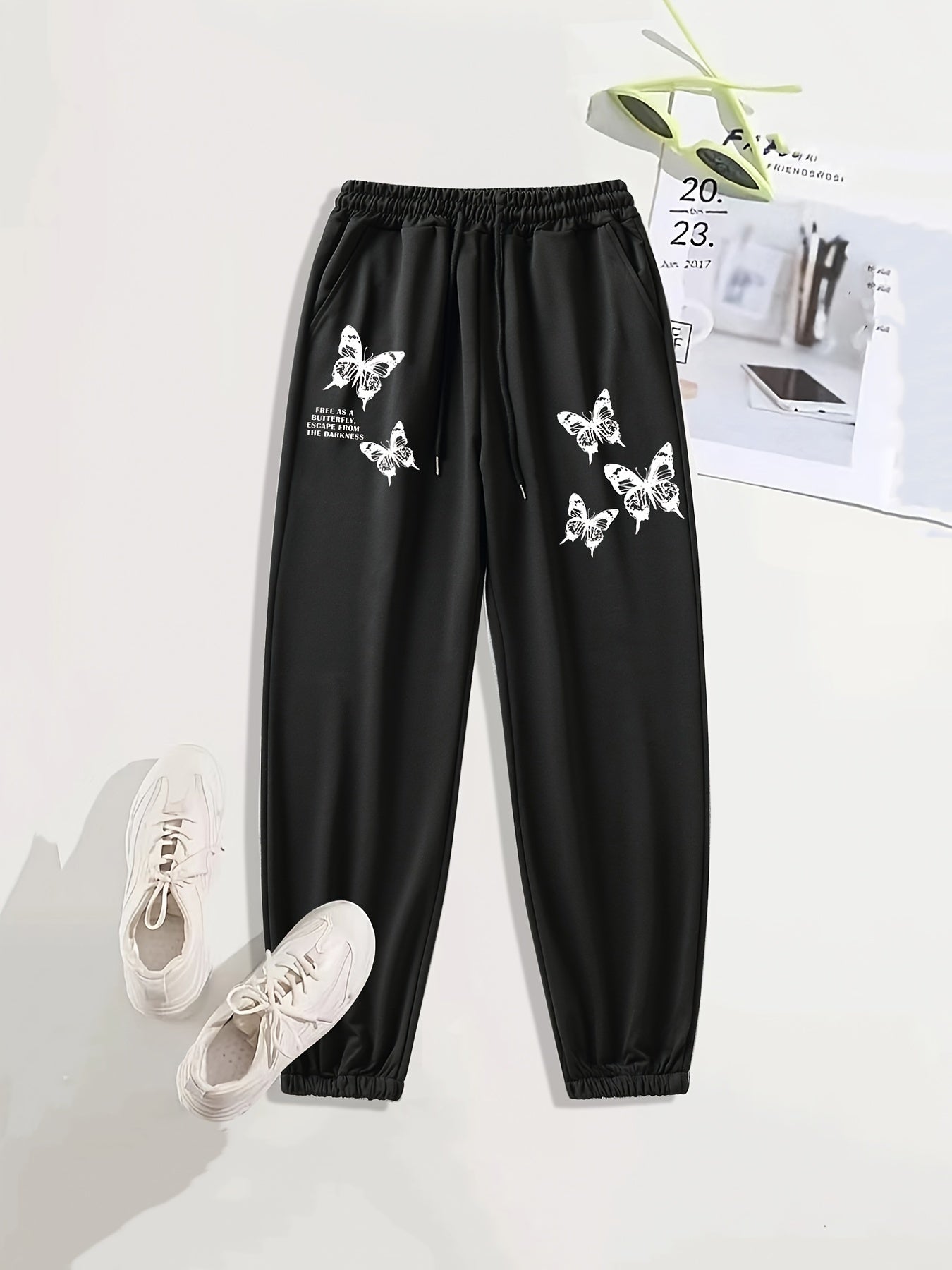 Butterfly Print Sports Pants Side Pockets Couple Jogging Sweatpants