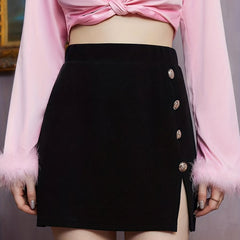 High Waist Button Bodycon Skirt, Fall Winter Crop