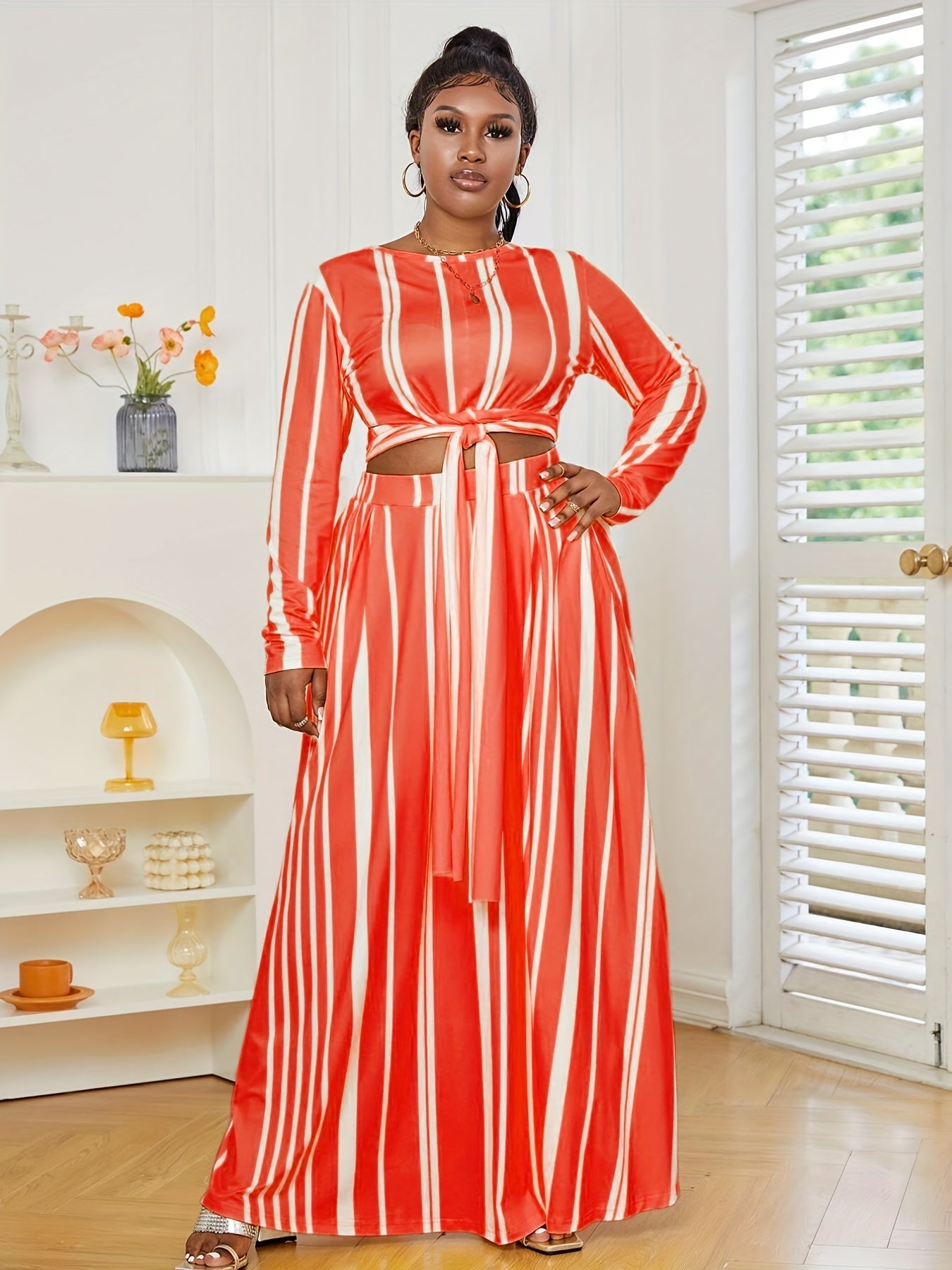 Striped Knot Front Crop Top & Maxi Skirt Set