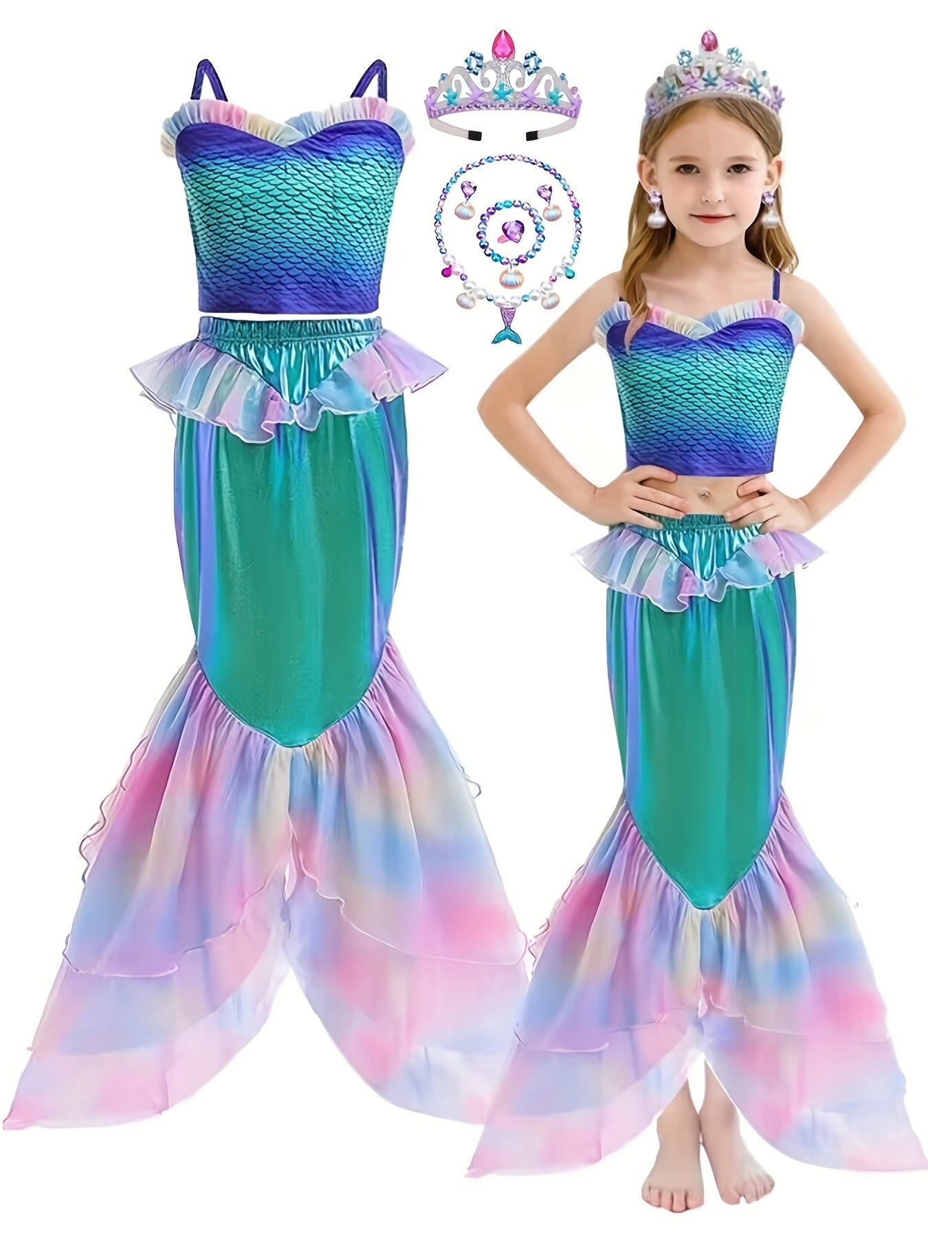 Girls Mermaid Set Cami Top & Fishtail Skirt Fish Scale Print Beach Party Costume