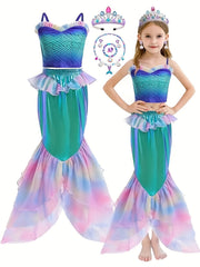 Girls Mermaid Set Cami Top & Fishtail Skirt Fish Scale Print Beach Party Costume