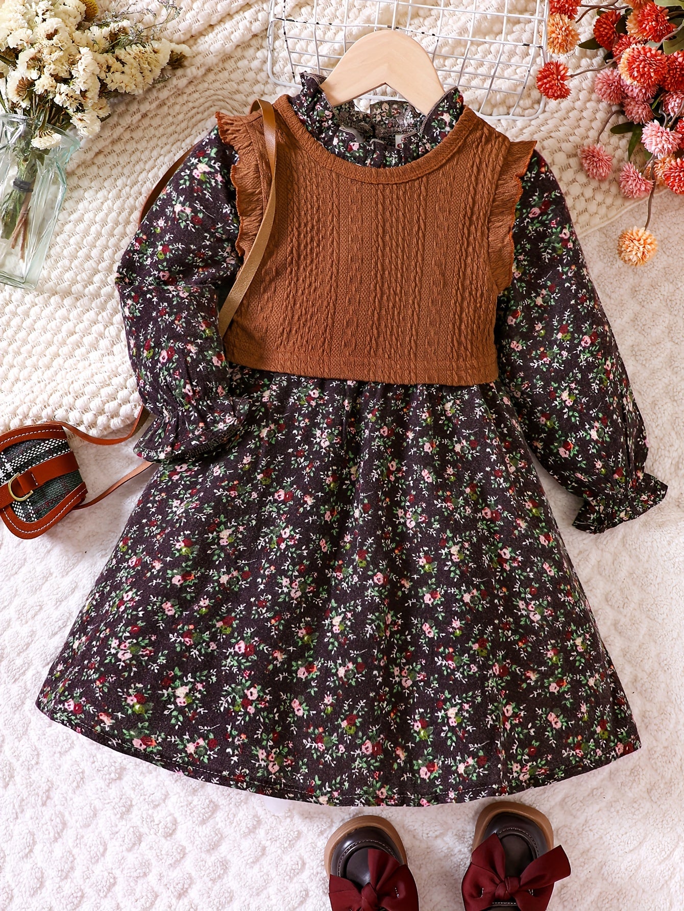 Girl's Floral Dress & Knitted Vest Set for Spring/Autumn
