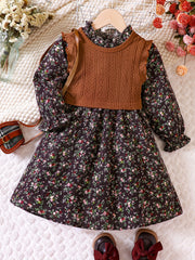 Girl's Floral Dress & Knitted Vest Set for Spring/Autumn