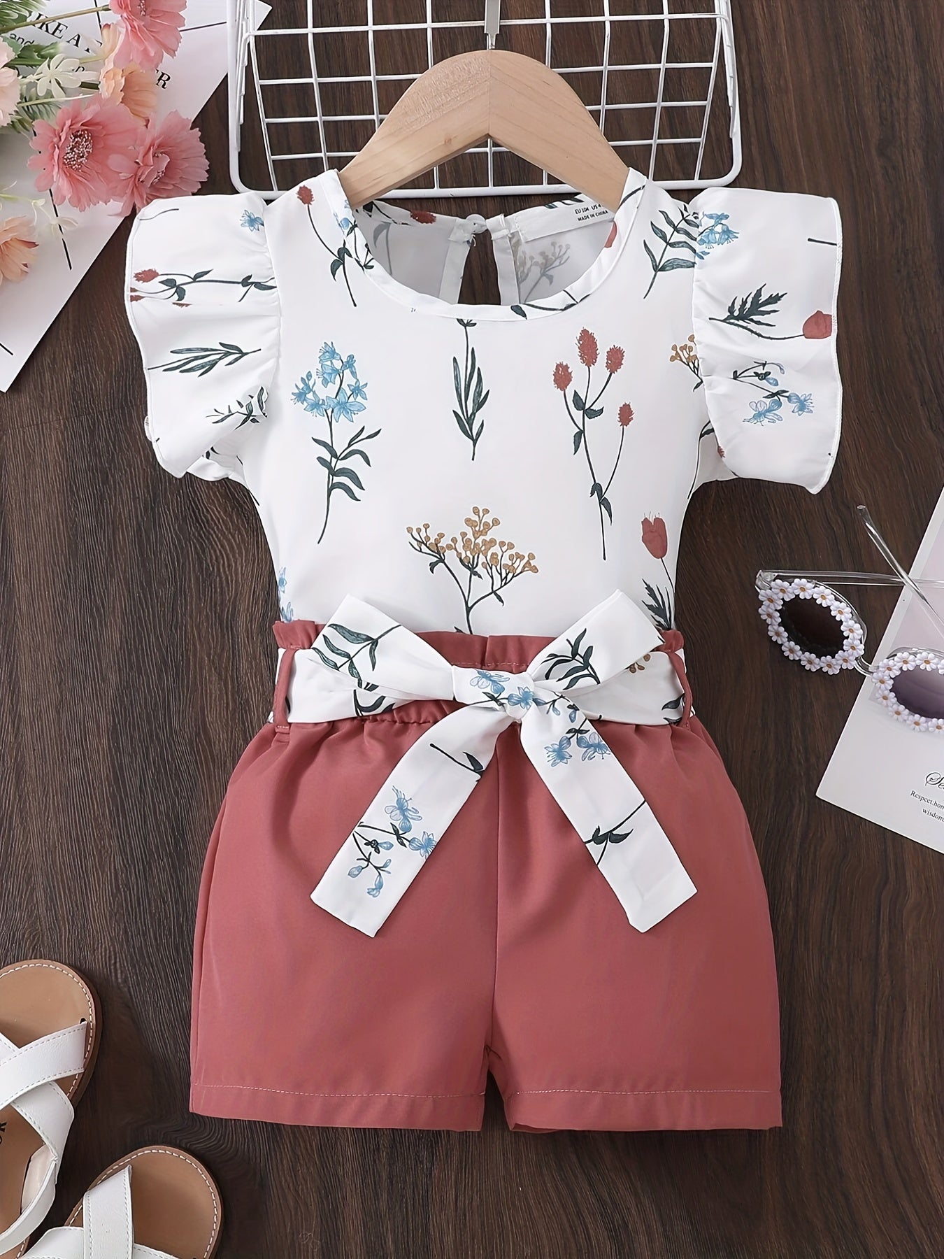 Girl's Floral Pattern Ruffle Sleeve Shirt & Belted Shorts Set