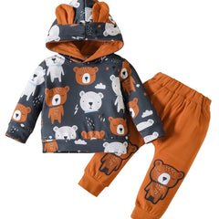 Baby Boys Cotton Bear Print Hoodies & Sweatpants Set