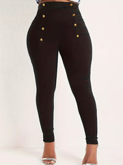 Casual Leggings Women's Plus Solid Button Decor High Rise Leggings