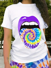 Lip Print Tee & Tie Dye Shorts Set Women's Plus Casual 2pcs Outfits