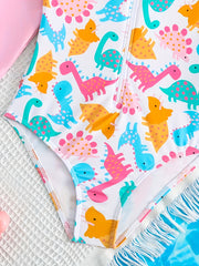 Girls Dino Print Long Sleeve Swimsuit Beach Surfing