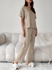 Ribbed Lounge Set Short Sleeve Top & Pants Women's Loungewear