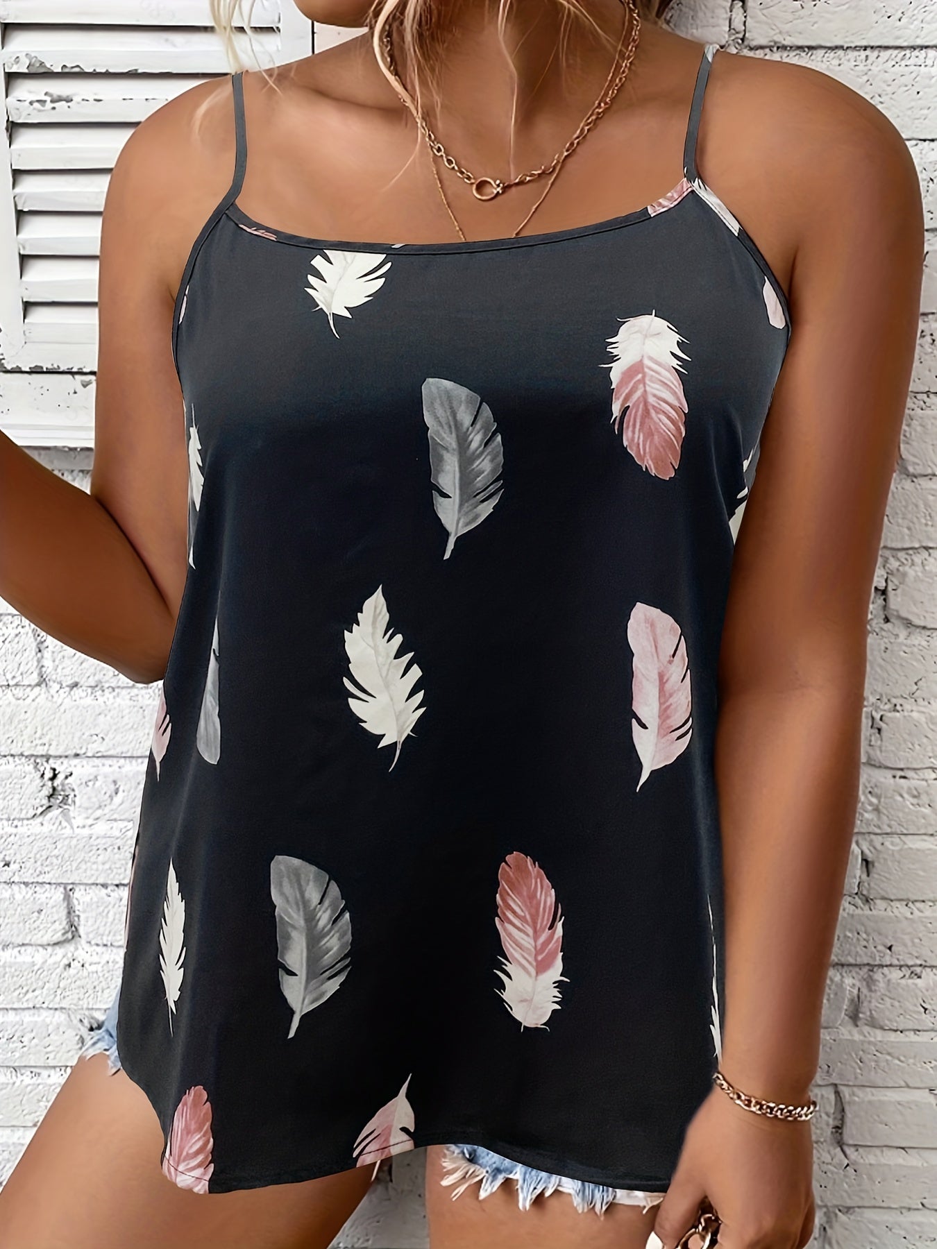 Feather Print Round Neck Cami Top