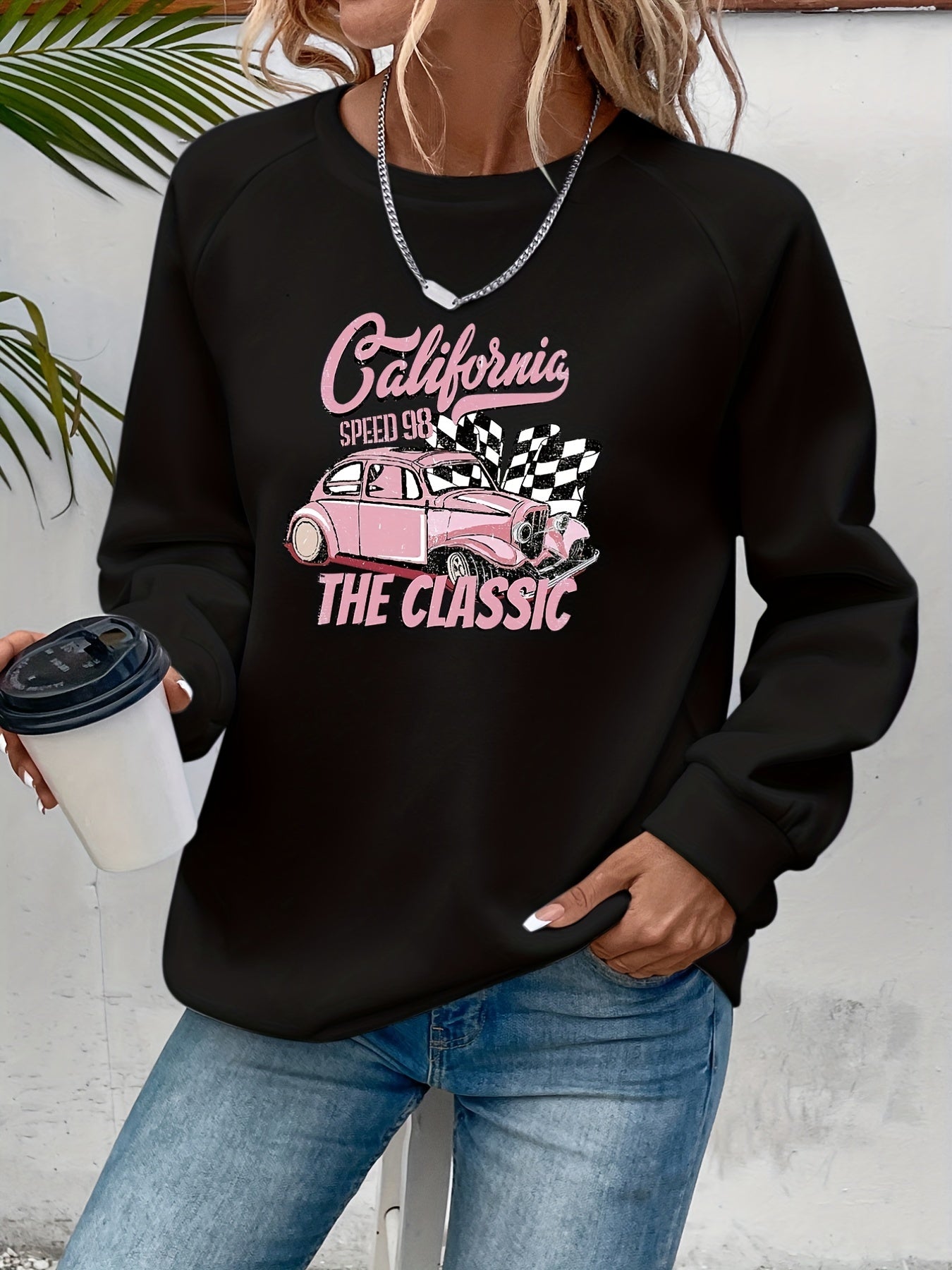 Racing Print Pullover Sweatshirt Long Sleeve Crew Neck