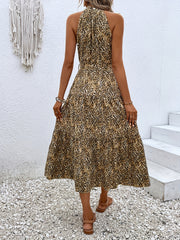 Leopard Print Halter Neck Dress Boho Belted Dress