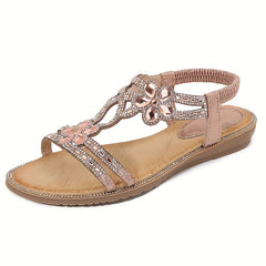 Boho Floral Rhinestone Sandals Elastic Strap Casual Beach Sandals