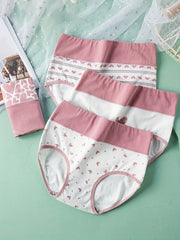 4 Heart Print Briefs High Waist Stretchy Intimates Panties Women's Lingerie