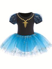 Girls Floral Tulle Tutu Mesh Puff Sleeve Ballet Dance Dress