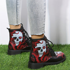 Women's Skull Print Combat Boots Lace Up Chunky Heel Boots