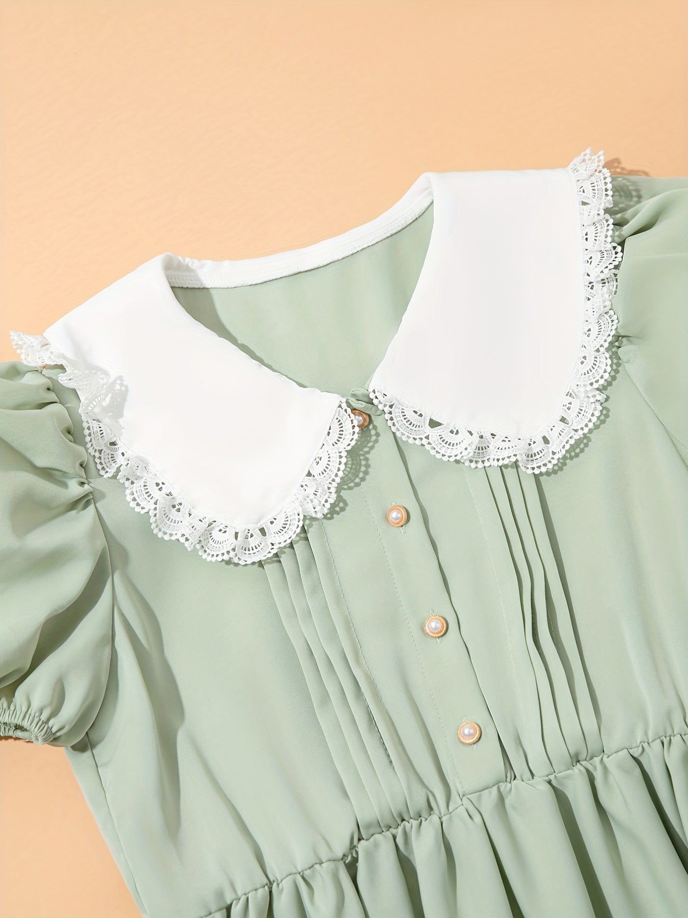 Girls Lace Collar Bead Button Short Sleeve Dress for Party Vacation