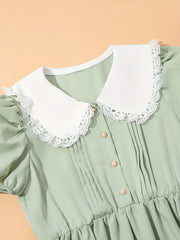 Girls Lace Collar Bead Button Short Sleeve Dress for Party Vacation