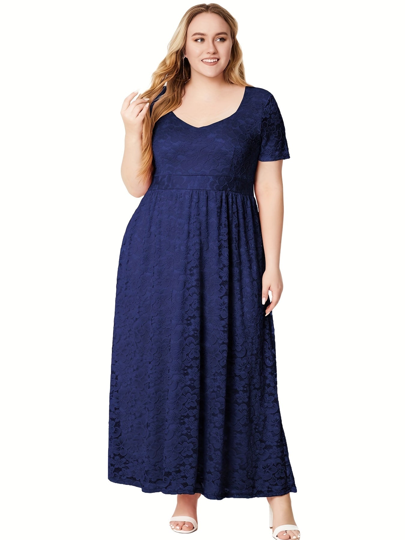 Lace Maxi Dress Scoop Neck Short Sleeve Solid Stretch