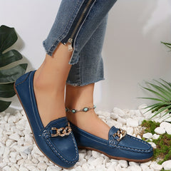 Women's Chain Decor Flat Shoes Casual Slip On Faux Leather Loafers