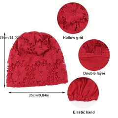 Lace Beanie Double Layer Flower Slouchy Baggy Hat for Women
