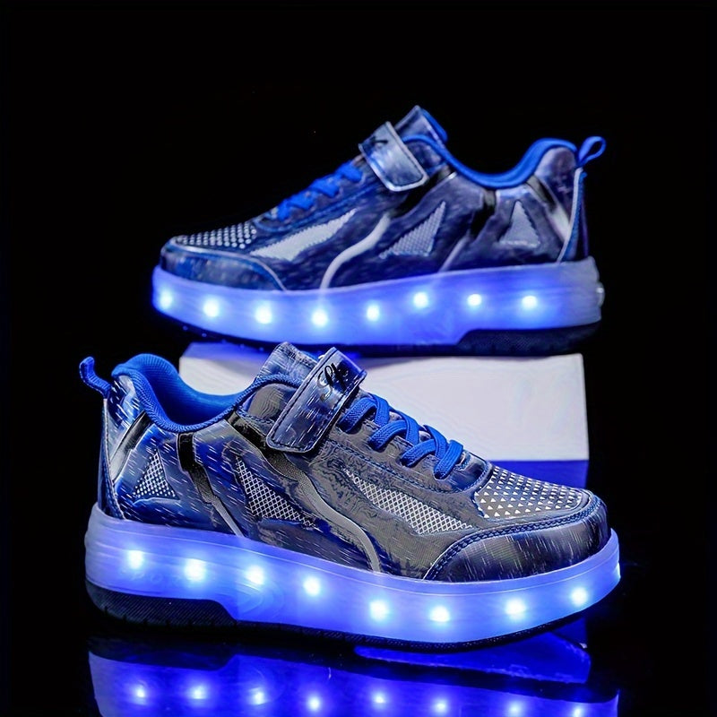 Boy's LED Light Up Roller Shoes Hook Loop Velcro Wheel Skate Sneakers Kids