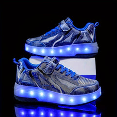 Boy's LED Light Up Roller Shoes Hook Loop Velcro Wheel Skate Sneakers Kids