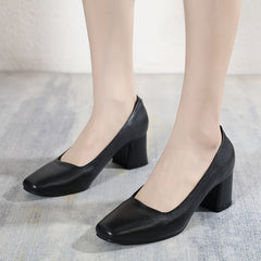 Women's Square Toe Court Pumps Black Chunky Mid Heels