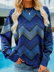 Denim Print Pullover Sweatshirt Long Sleeve Crew Neck Casual Fall Winter