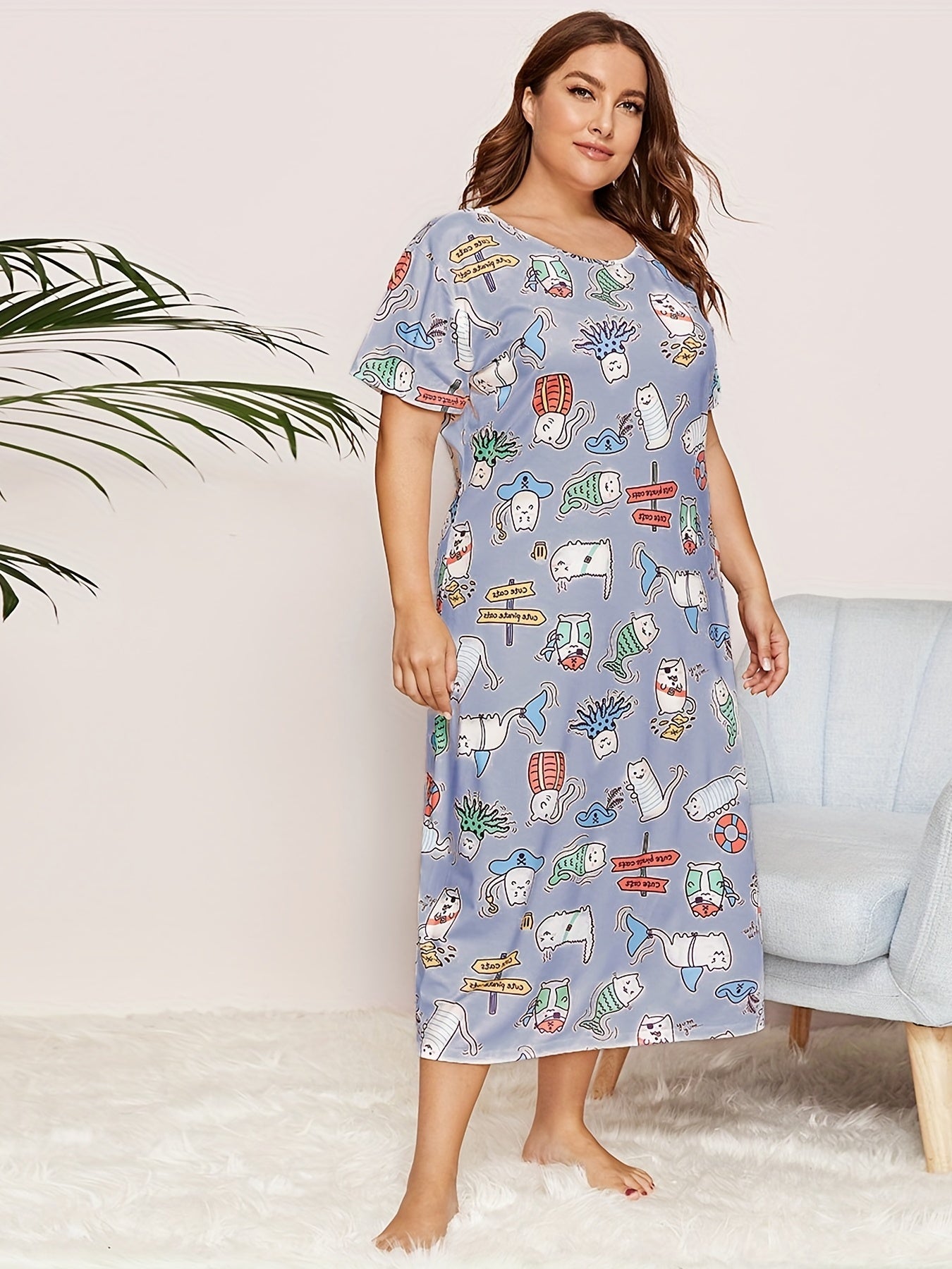 Casual Nightdress Women's Plus Funny Cats Print Short Sleeve