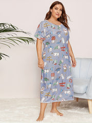 Casual Nightdress Women's Plus Funny Cats Print Short Sleeve