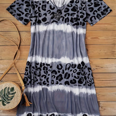 Tie Dye Colorblock Leopard V Neck Dress