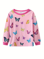 Girls Butterfly Print Pajamas Set Long Sleeve Top & Pants