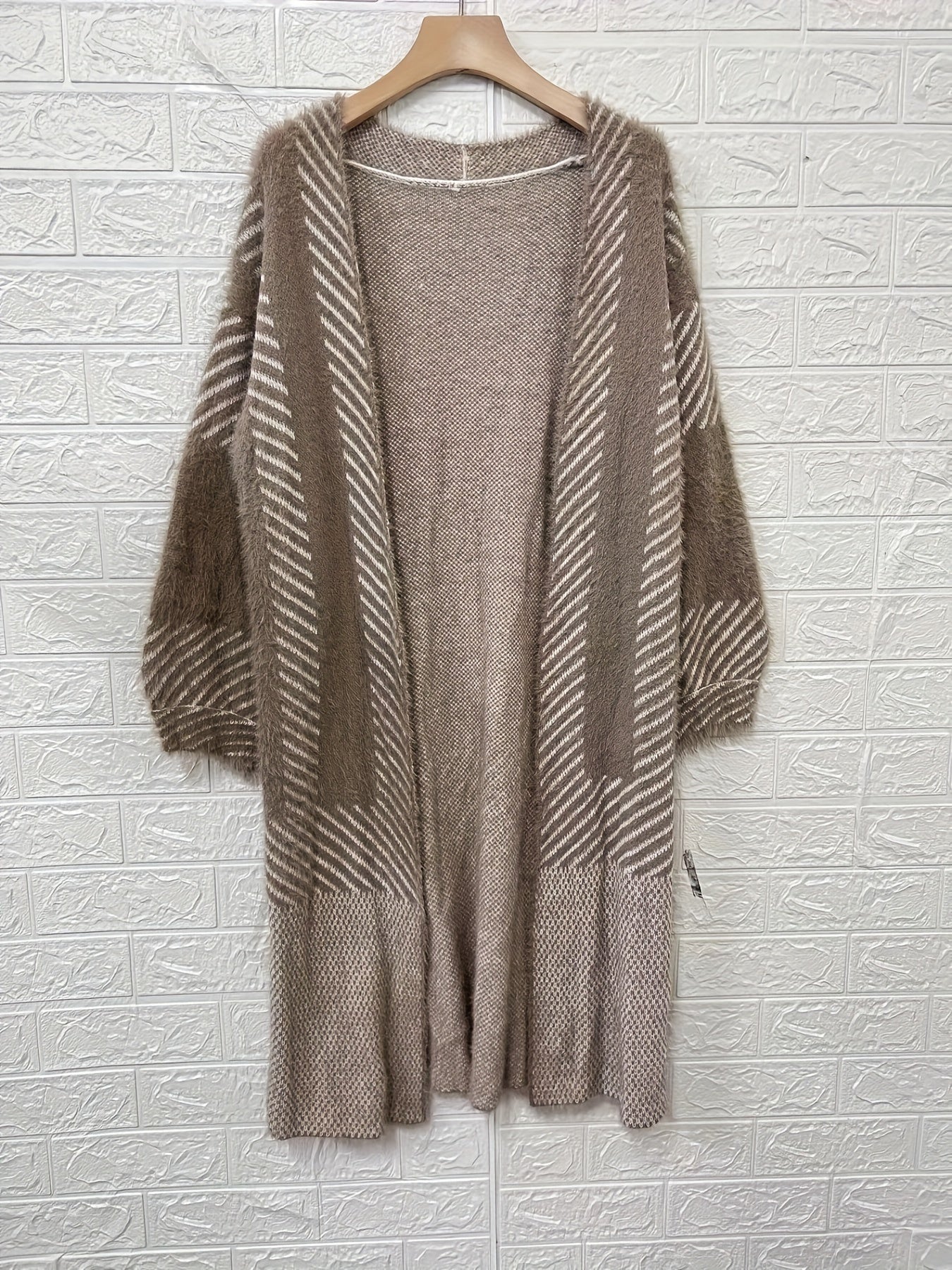 Striped Knitted Open Front Cardigan Vintage Long Sleeve Cardigan