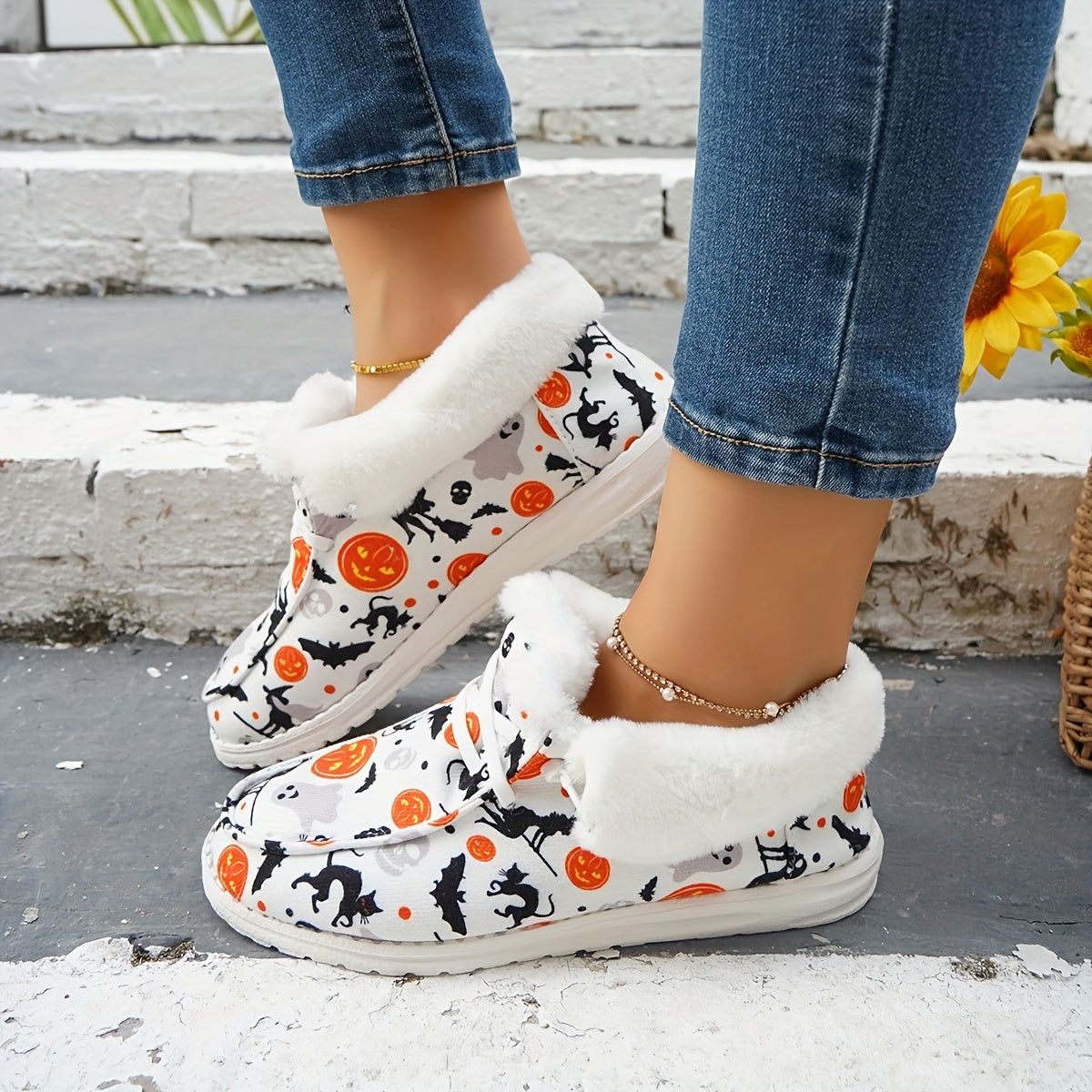 Women's Pumpkin Print Snow Boots Halloween Plush Lined Warm Canvas Loafers