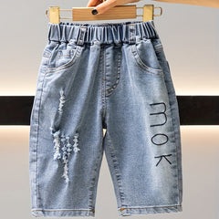 Boys Letter Print Denim Jeans Cropped Pants Bottoms With Pockets