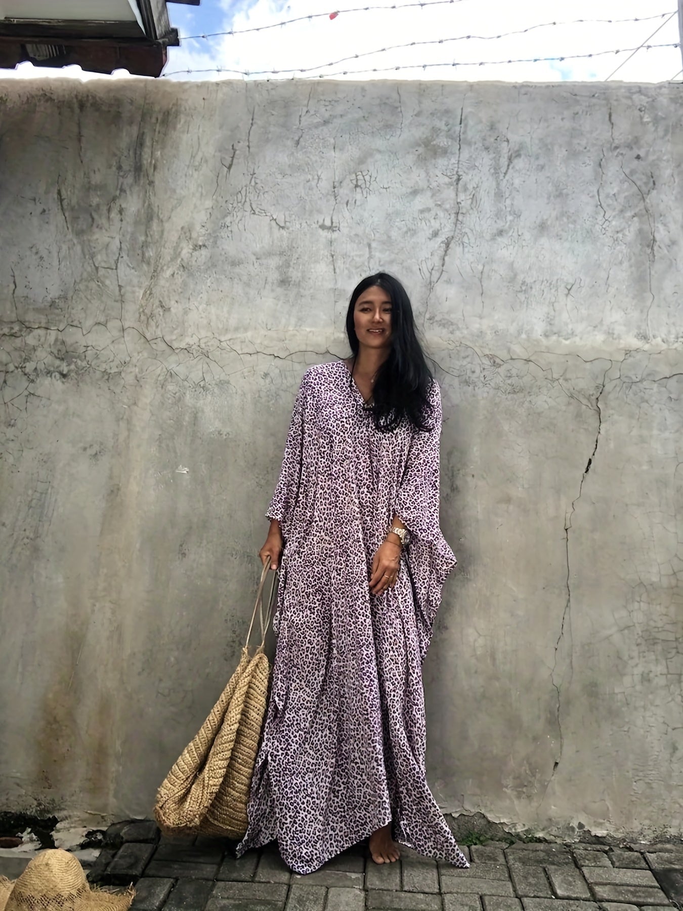 Boho Cover Up Women's Plus Leopard Print V Neck Split Maxi Kaftan