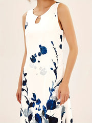 Floral Print Keyhole Maxi Dress Sleeveless Crew Neck Pocket Women's Clothing