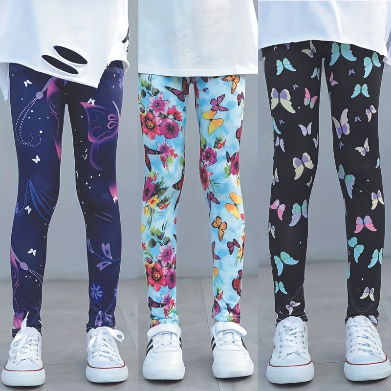 2pcs Girls Butterfly Pattern Leggings Elastic Printed Long Pants Summer Spring