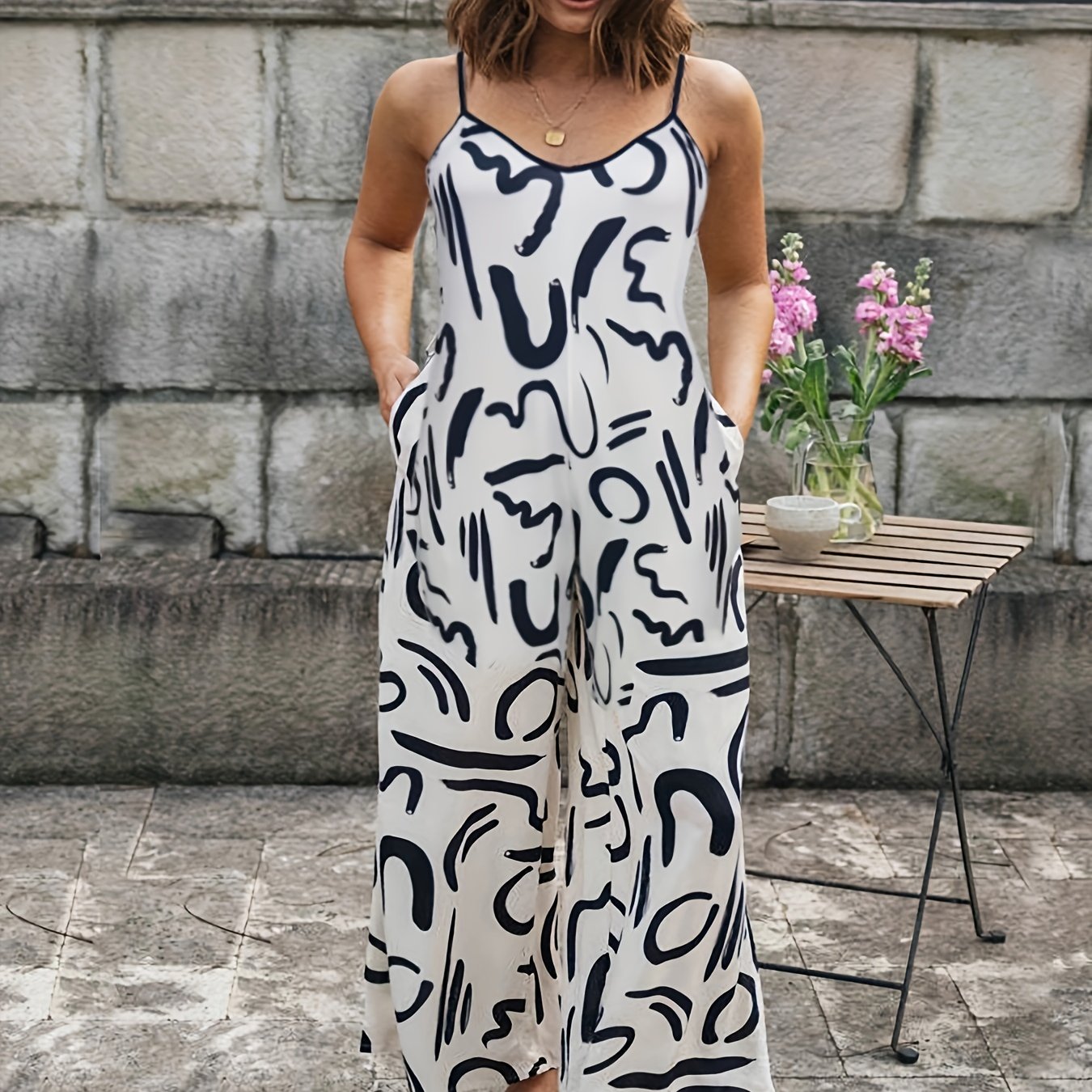 Graffiti Print Cami Jumpsuit Wide Leg With Pockets
