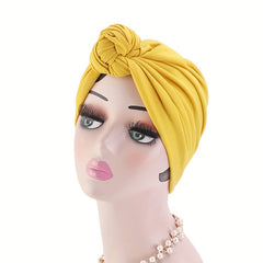 Knotted Pleated Turban Cap Solid Elastic Bonnet Chemo Cap