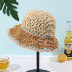 Pink Crochet Bucket Hat Ruffles Sunscreen Basin Hat Casual Straw Hats Women