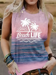 Beach & Letter Print Tank Top Sleeveless Casual Crew Neck Tank Top