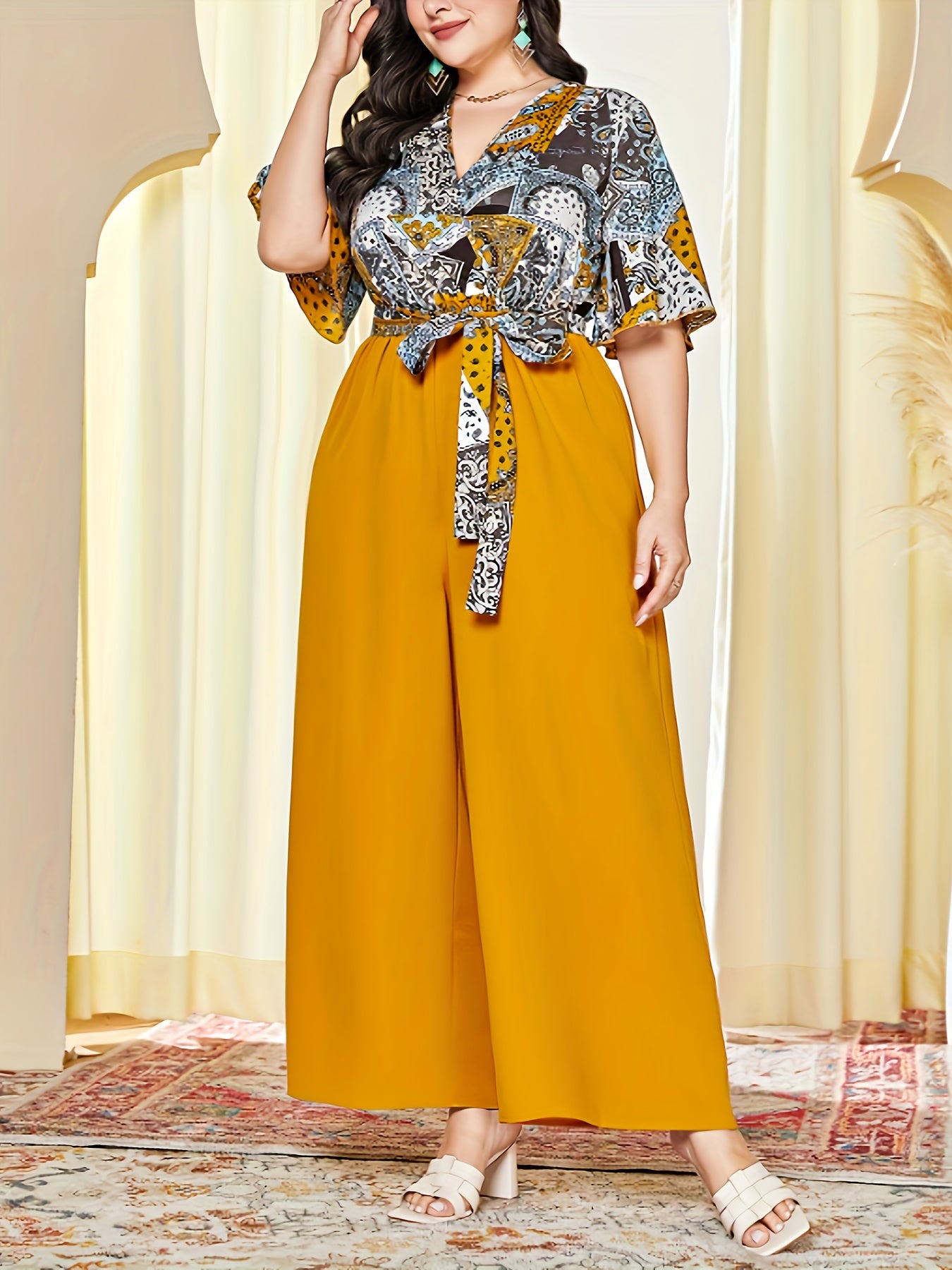 Boho Jumpsuit Colorblock Scarf Print Flutter Sleeve Surplice Neck Belt