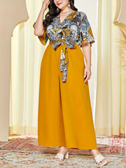 Boho Jumpsuit Colorblock Scarf Print Flutter Sleeve Surplice Neck Belt