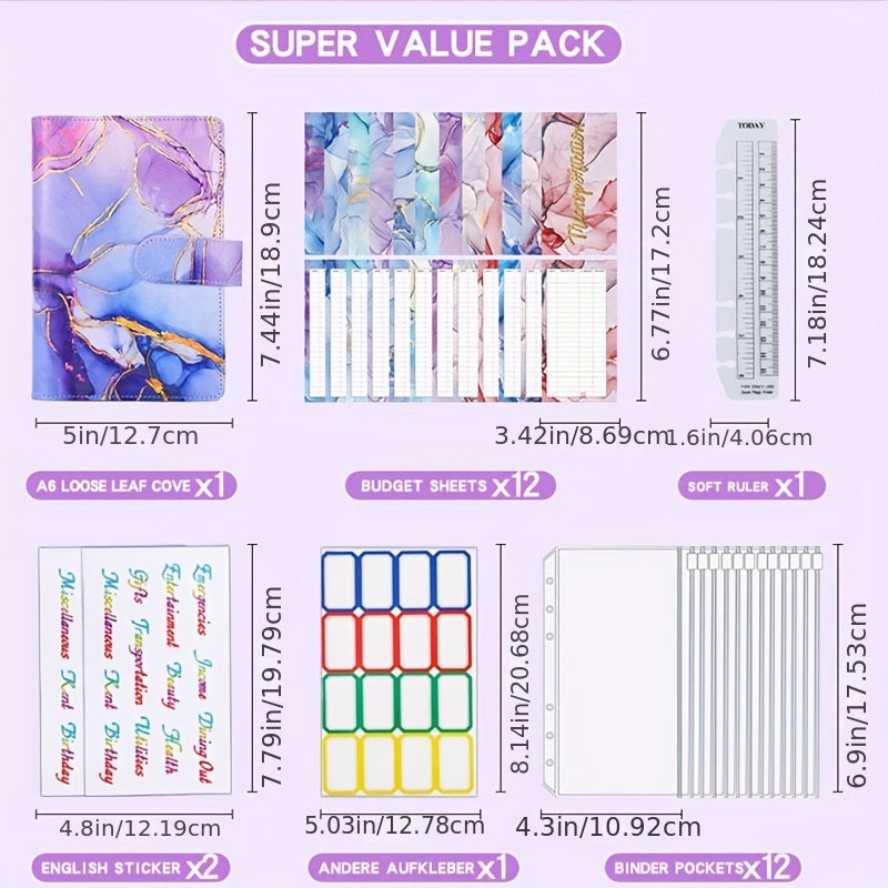 Budget Binder A6 PU Leather Notebook Cash Envelopes System Set