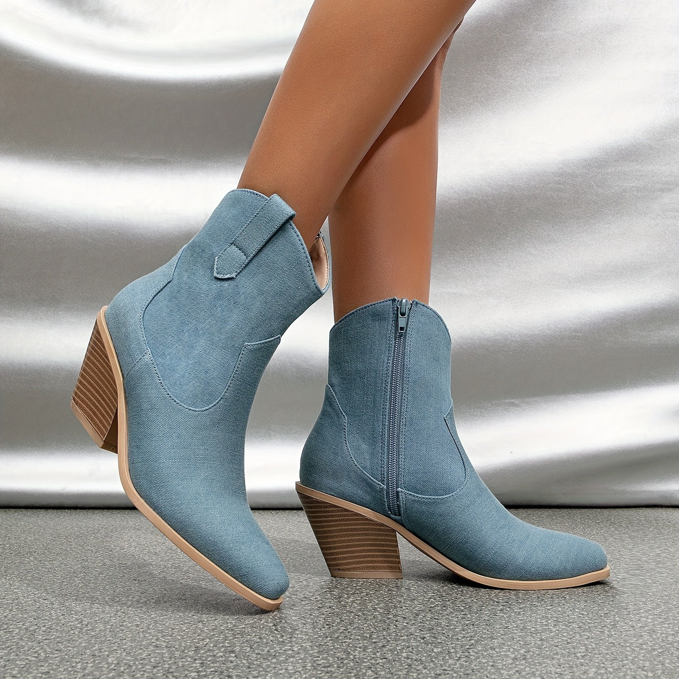 Women's Denim Chunky Heeled Ankle Boots