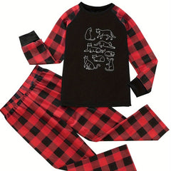 Cat Print Raglan Sleeve Top & Plaid Pants Lounge Set