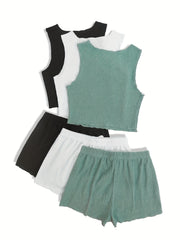 Ribbed Lounge Set Tank Top & Lace Up Shorts Women's Loungewear