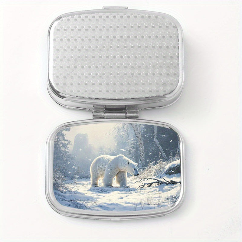 Polar Bear Print Pill Organizer 2 Compartment Metal Case for Travel & Outdoor